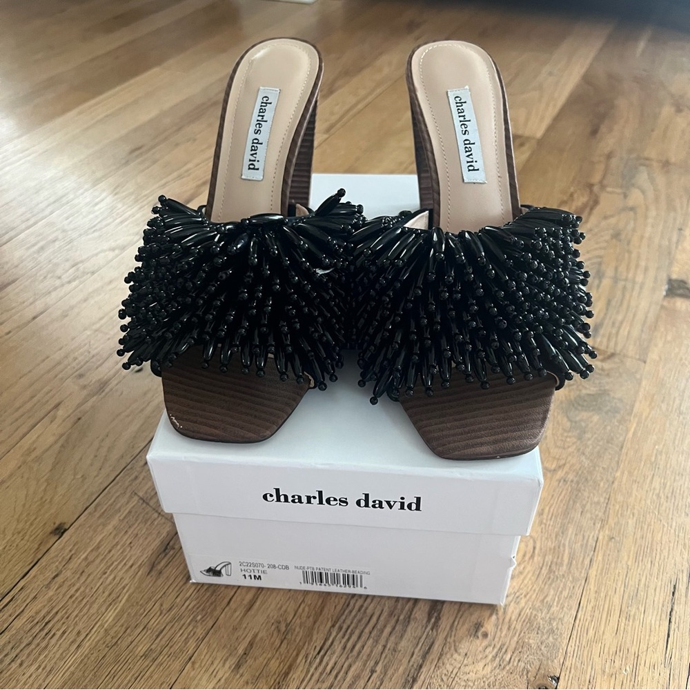 Charles David Hottie Beaded Mule Sandals, Black, Block Heel